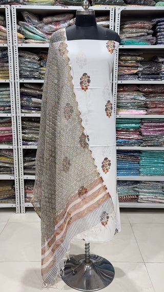 Cotton Block Print Office Wear Suit fabric with Kota Doria Dupatta