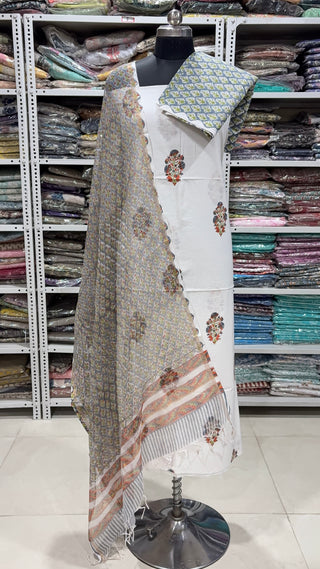 Cotton Block Print Office Wear Suit fabric with Kota Doria Dupatta