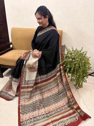 Premium Black Chanderi Silk Saree with Unstitched Blouse Piece (Lining Included)