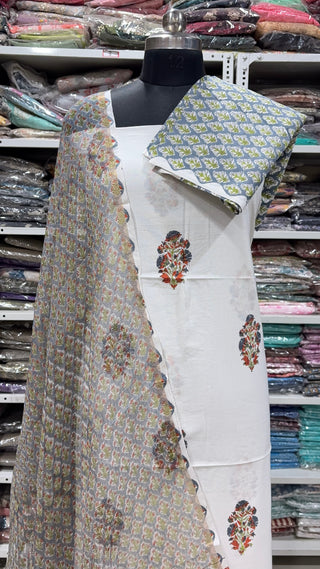 Cotton Block Print Office Wear Suit fabric with Kota Doria Dupatta