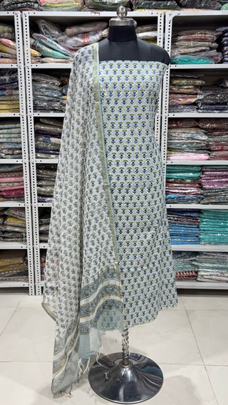 Cotton Block Print Office Wear Suit fabric with Kota Doria Dupatta