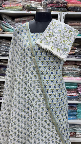 Cotton Block Print Office Wear Suit fabric with Kota Doria Dupatta