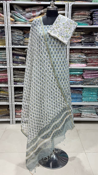 Cotton Block Print Office Wear Suit fabric with Kota Doria Dupatta
