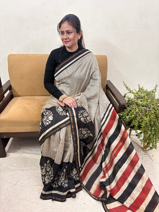 Stripe Patterned Chanderi Silk Saree with Unstitched Blouse Piece (Lining Included)