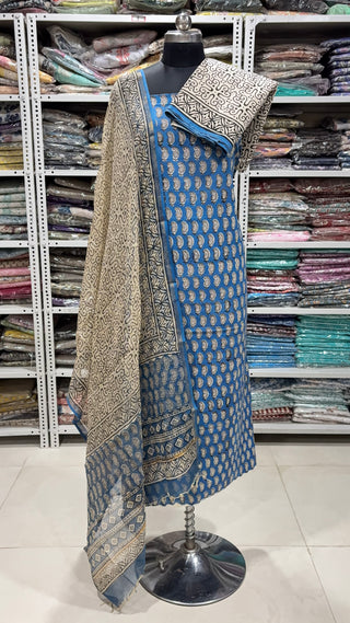 Cotton Block Print Office Wear Suit fabric with Kota Doria Dupatta