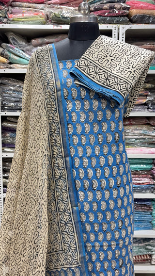Cotton Block Print Office Wear Suit fabric with Kota Doria Dupatta