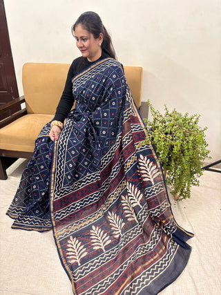 Premium Navy Blue Chanderi Silk Saree with Unstitched Blouse Piece (Lining Included)