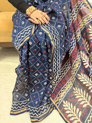 Premium Navy Blue Chanderi Silk Saree with Unstitched Blouse Piece (Lining Included)