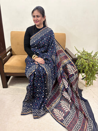 Premium Navy Blue Chanderi Silk Saree with Unstitched Blouse Piece (Lining Included)