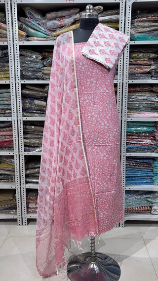 Cotton Block Print Office Wear Suit fabric with Kota Doria Dupatta