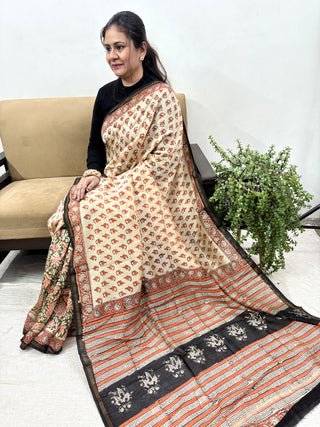 Cream Half-and-Half Chanderi Silk Saree with Unstitched Blouse Piece (Lining Included)
