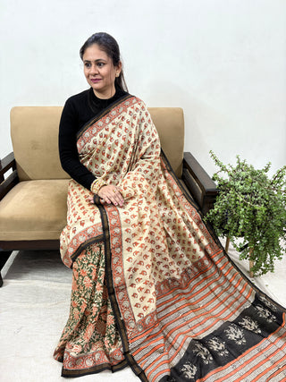 Cream Half-and-Half Chanderi Silk Saree with Unstitched Blouse Piece (Lining Included)