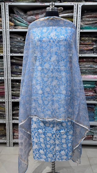 Cotton Block Print Office Wear Suit fabric with Kota Doria Dupatta