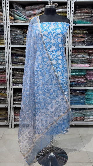 Cotton Block Print Office Wear Suit fabric with Kota Doria Dupatta