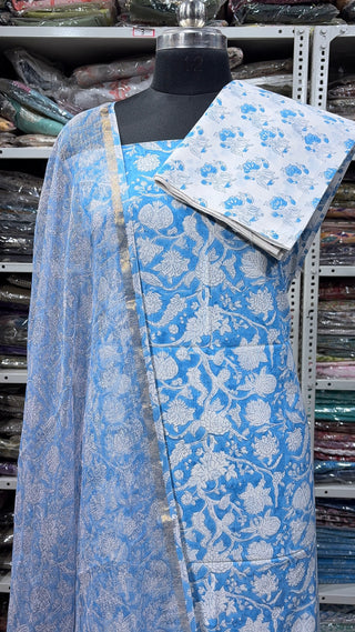 Cotton Block Print Office Wear Suit fabric with Kota Doria Dupatta