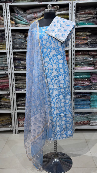 Cotton Block Print Office Wear Suit fabric with Kota Doria Dupatta