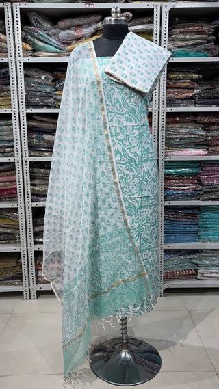 Cotton Block Print Office Wear Suit fabric with Kota Doria Dupatta
