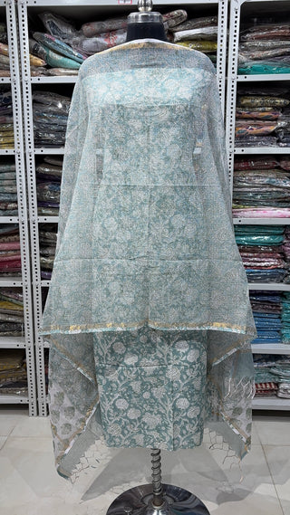 Cotton Block Print Office Wear Suit fabric with Kota Doria Dupatta