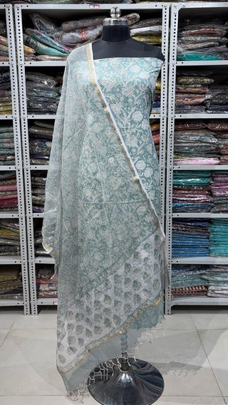 Cotton Block Print Office Wear Suit fabric with Kota Doria Dupatta