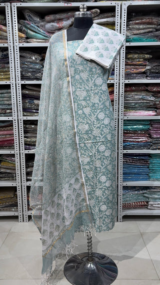 Cotton Block Print Office Wear Suit fabric with Kota Doria Dupatta