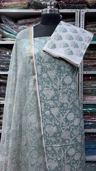 Cotton Block Print Office Wear Suit fabric with Kota Doria Dupatta