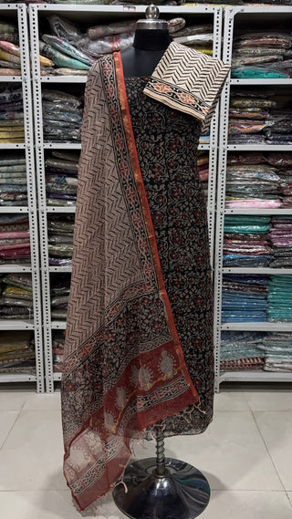 Hand block kota doria suit set for office wear with Lining included