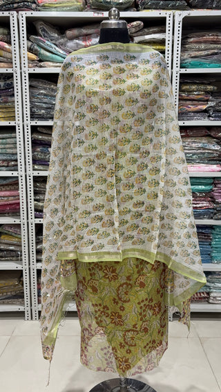 Hand block kota doria suit set for office wear with lining
