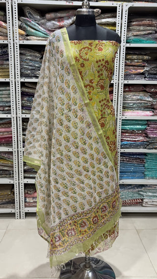 Hand block kota doria suit set for office wear with lining