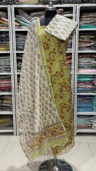 Hand block kota doria suit set for office wear with lining