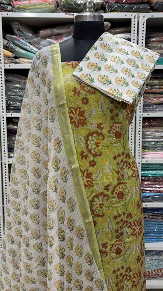 Hand block kota doria suit set for office wear with lining