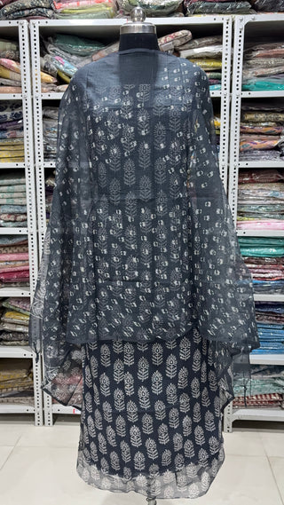 Hand block kota doria suit set for office wear with lining