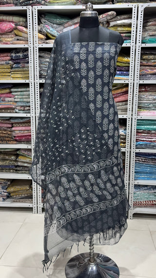 Hand block kota doria suit set for office wear with lining