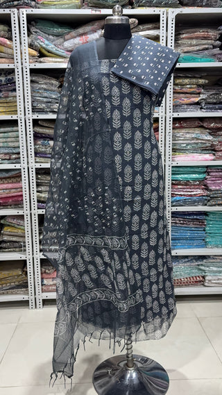 Hand block kota doria suit set for office wear with lining