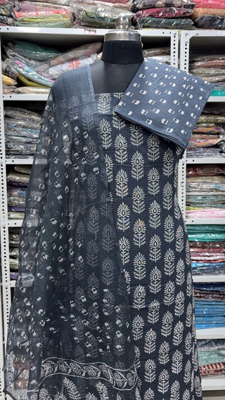 Hand block kota doria suit set for office wear with lining