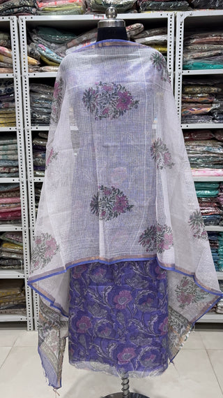 Hand block kota doria suit set for office wear with lining