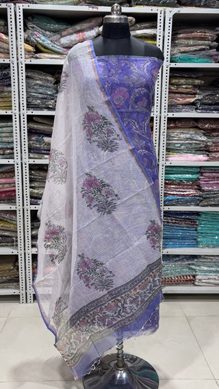 Hand block kota doria suit set for office wear with lining