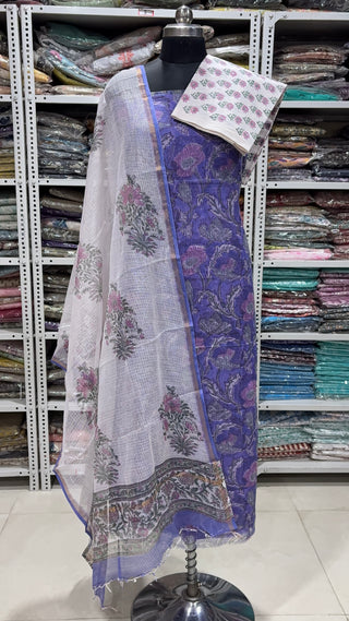 Hand block kota doria suit set for office wear with lining