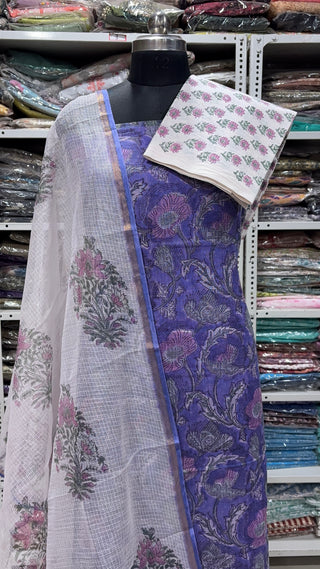 Hand block kota doria suit set for office wear with lining