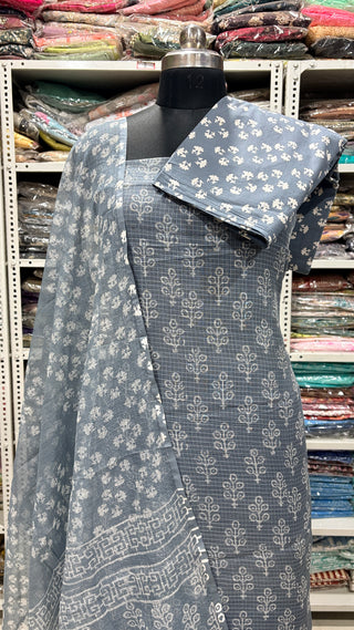 Hand block kota doria suit set for office wear with lining