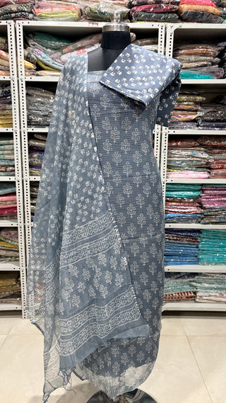 Hand block kota doria suit set for office wear with lining