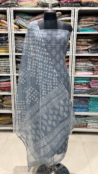 Hand block kota doria suit set for office wear with lining