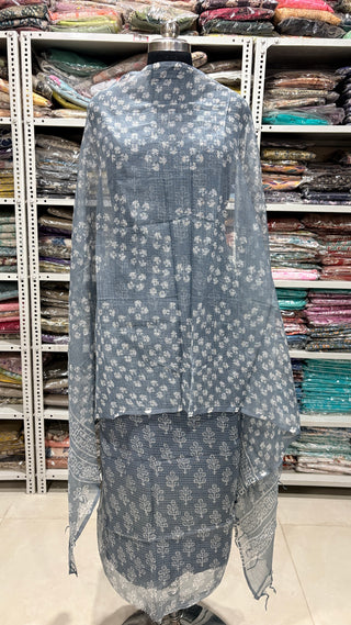 Hand block kota doria suit set for office wear with lining