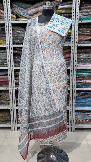 Hand block kota doria suit set for office wear with Lining included