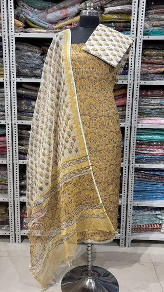Hand block kota doria suit set for office wear with Lining included