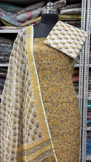 Hand block kota doria suit set for office wear with Lining included