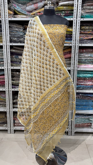 Hand block kota doria suit set for office wear with Lining included