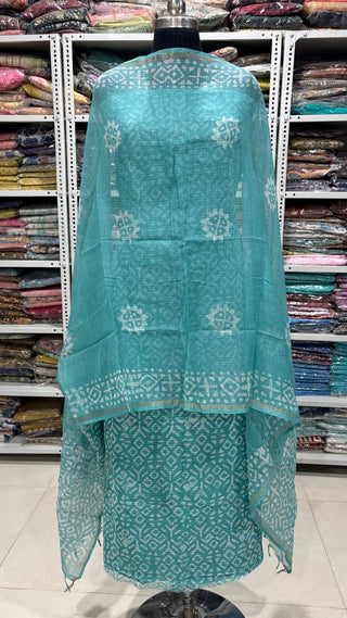 Hand block kota doria suit set for office wear with Lining included
