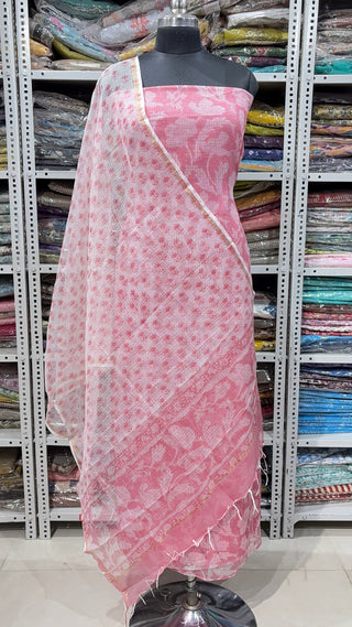 Hand block kota doria suit set for office wear with lining