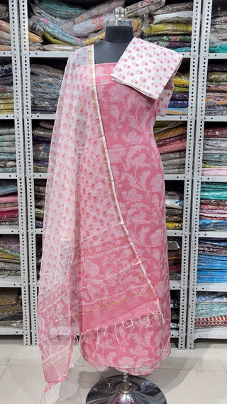 Hand block kota doria suit set for office wear with lining