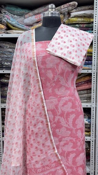 Hand block kota doria suit set for office wear with lining